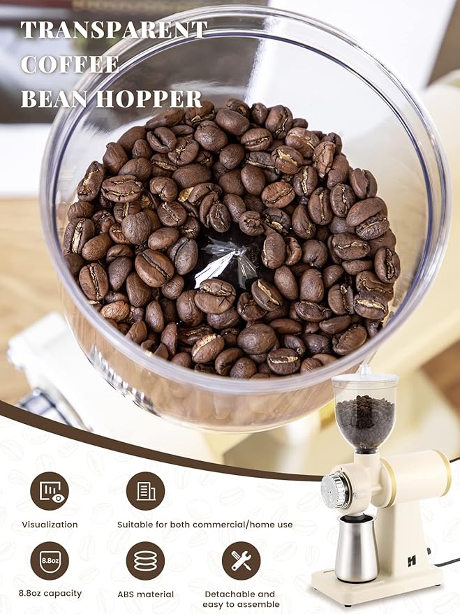 Huanyu Electric Coffee Bean Grinder 250G Commercial&Home Milling Grinding Machine 200W Automatic Burr Grinder Professional Miller 8 Fine - Coarse Grind Size Settings (White)