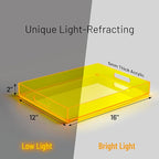 16"x12" Large Acrylic Serving Tray Decorative Ottoman Coffee Table Vanity Tray Tea Fruit Platter Snack Appetizer Dessert Drink with Handles for Bar Kitchen Party, Neon Yellow