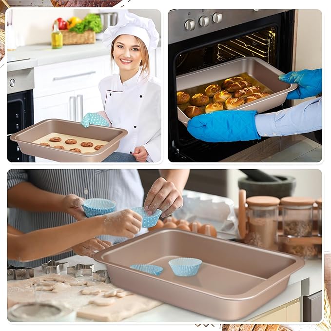 2 Pcs Cake Baking Pan with Lid and Handle, 9 x 13 Inch Non-stick Rectangle Sheet Cake Pan Carrier for Brownie Roasting Cooking Baking (Gold)