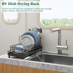 Small Sink Dish Drying Rack with Drainboard, Compact Dish Drainer for Kitchen Countertop, Rustproof Plate Organizer with Utensil Holder, Black