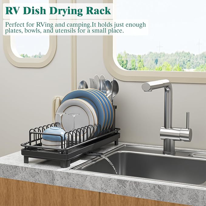 Small Sink Dish Drying Rack with Drainboard, Compact Dish Drainer for Kitchen Countertop, Rustproof Plate Organizer with Utensil Holder, Black