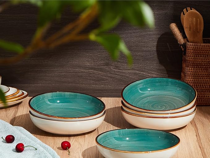 ONEMORE Porcelain Salad Pasta Bowls 30 Ounce, Set of 6 Ceramic Salad Dinner plates Bowls, Shallow & Wide Serving Bowls for Soup, Dessert, Pizza. Microwave & Dishwasher Safe Kitchen Dinnerware, Teal