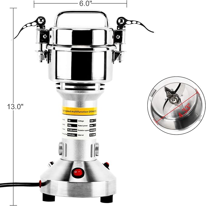 High Speed 150g Electric Grain Mill Grinder Powder Machine Spice Herb Grinder 850W 70-300 Mesh 28000RPM Stainless Steel Commercial Grade for Kitchen Herb Spice Pepper Coffee (150g)