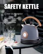 Retro Electric Kettle, 1.7L / 1500W Electric Tea Kettles for Boiling Water, Wood Pattern Handle Blue Stainless Steel Hot Water Boiler with Temperature Display, Auto Shut-off Boil-Dry Protection