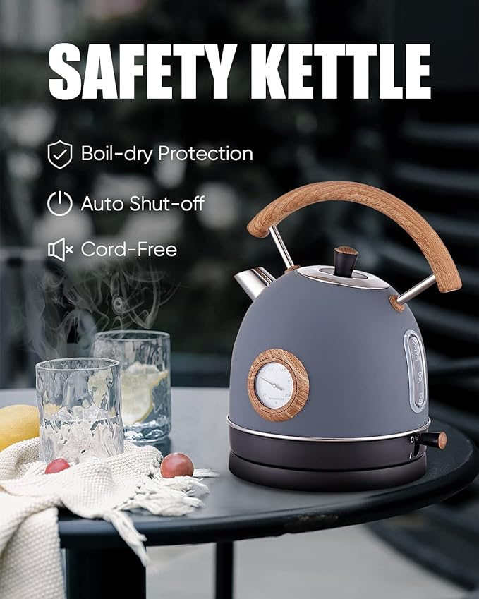 Retro Electric Kettle, 1.7L / 1500W Electric Tea Kettles for Boiling Water, Wood Pattern Handle Blue Stainless Steel Hot Water Boiler with Temperature Display, Auto Shut-off Boil-Dry Protection