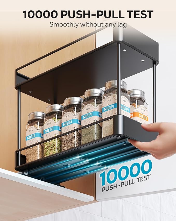Nieifi Spice Rack Organizer for Cabinet, Vertical Spice Rack Pull Out, Easy to Install, Metal, 4.5''Wx10.35''Dx8.4''H, 2 Pack, 2 Tiers(Black)