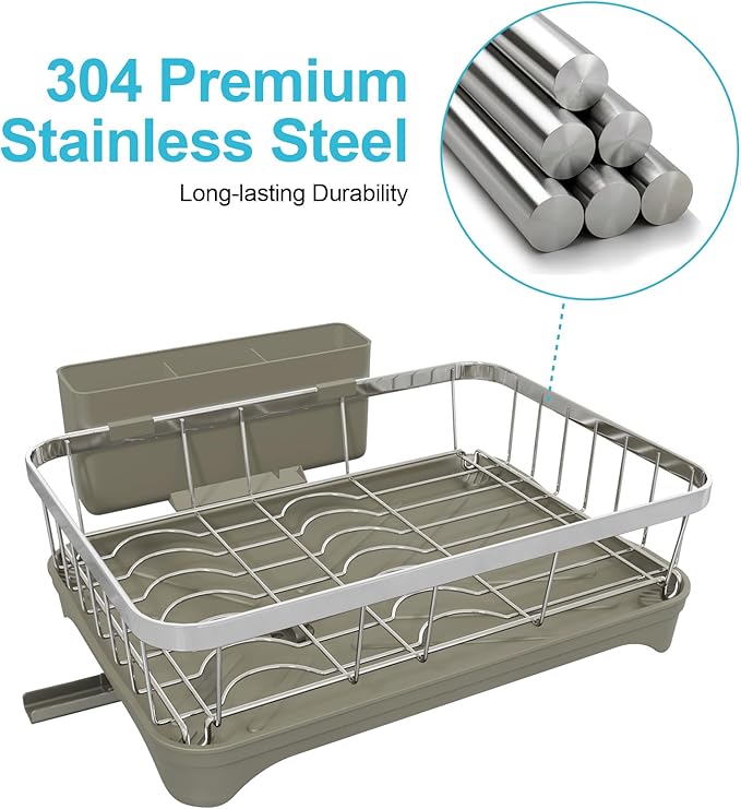 Dish Drying Rack - 304 Stainless Steel Dish Rack, Adjustable Spout Auto-Draining Dish Drainers for Kitchen Counter, Large Capacity for Bowls, Cups, Dish Drainer with Drainboard Grey