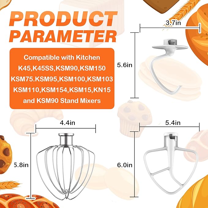 3-Piece Set Mixer Accessories for KitchenAid 4.5QT Tilt-Head Stand Mixers, Stainless Steel K45WW, Enameled K45DH & Enameled K45B, All Dishwasher Safe