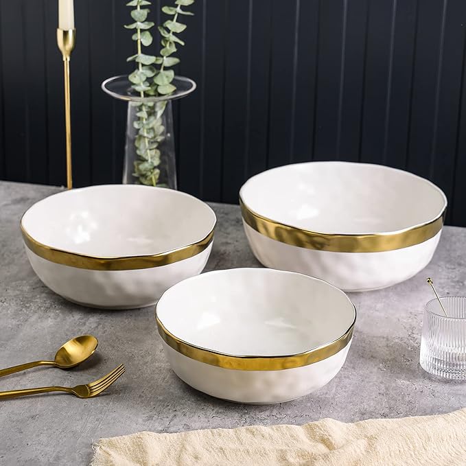 Stone Lain Florian Porcelain 3-Piece Round Bowl Service Set, White with Gold Rim