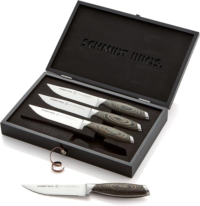 Schmidt Brothers -Bonded Ash 4-Piece Jumbo Steak Knife Set, High-Carbon German Stainless Steel Cutlery in a Wood Gift Box