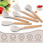 E-far Cooking Utensils Set of 6, Silicone Kitchen Utensils with Wooden Handle, Non-stick Cookware Friendly & Heat Resistant, Includes Spatula/Ladle/Slotted Turner/Serving Spoon/Spaghetti Server(Khaki)