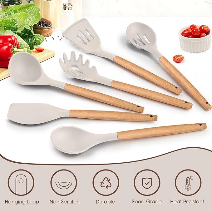 E-far Cooking Utensils Set of 6, Silicone Kitchen Utensils with Wooden Handle, Non-stick Cookware Friendly & Heat Resistant, Includes Spatula/Ladle/Slotted Turner/Serving Spoon/Spaghetti Server(Khaki)