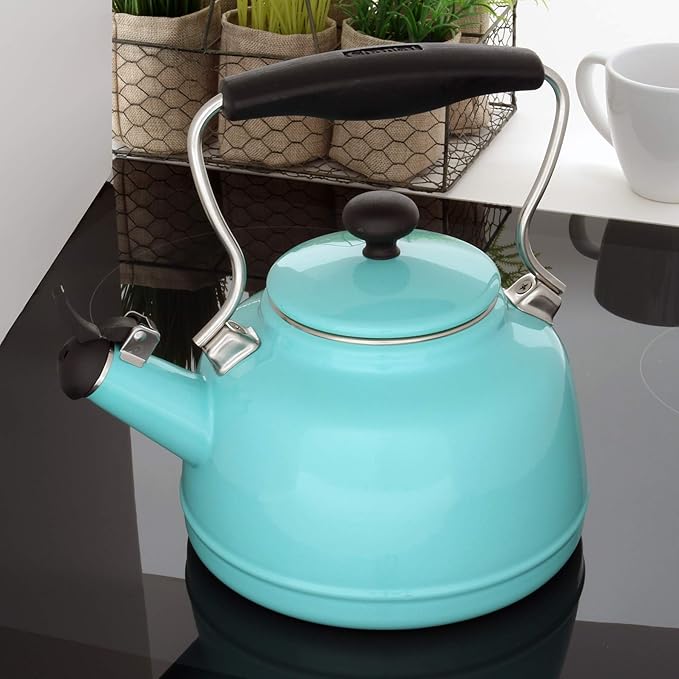 Chantal Tea Kettle, 1.7 QT, Vintage Series, Premium Enamel on Carbon Steel, Whistling, Even Heating & Quick Boil (Aqua)