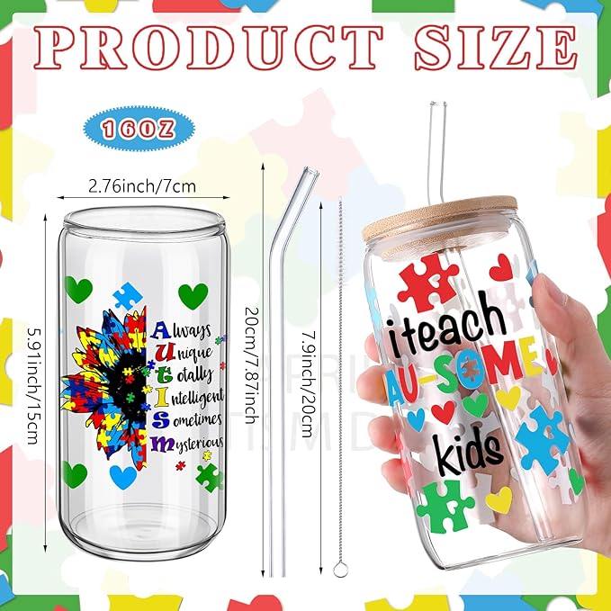 6 Pcs Autism Mom Gifts Tumbler 16 oz Autism Awareness Glass Cups with Lids and Straws Can Shape Autistic Iced Coffee Cup for Autistic Mom Teacher