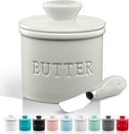 Zulay Kitchen Butter Crock With Lid & Spreader Knife for Countertop - Ceramic French Butter Dish Keeper For Fresh & Spreadable Butter - Light Gray