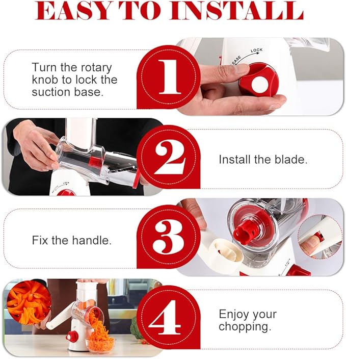 Cambom Rotary Cheese Grater Hand Crank Cheese Shredder for Fresh Cheese, Vegetable, Nuts,Non-slip Suction Base, Free Cleaning Brush Three Blades,Red White