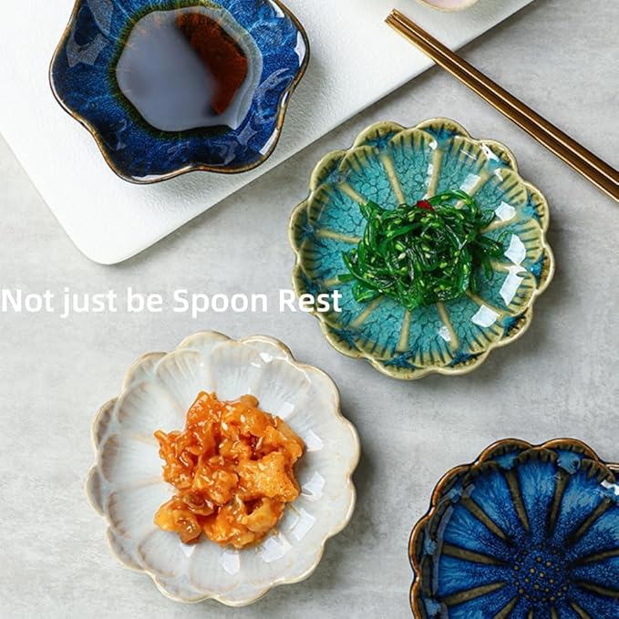 Ceramic Spoon Rest for Stove Top, Flower Cute Spoon Rest for Kitchen Counter, Cooking Spoon Holder for Kitchen Counter, Utensil Rest Spatula Rest Ladle Holder Tong Rest, 1 PC (Retro Sapphire)