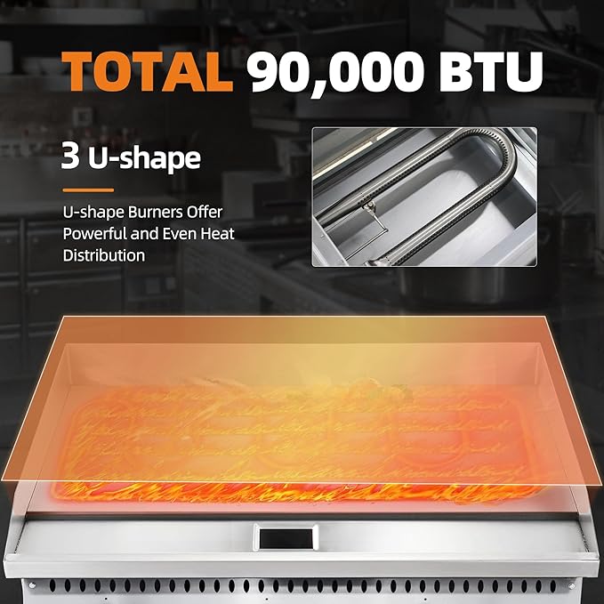 36" Commercial Countertop Griddle, 3 Burners Gas Griddle, 90000 BTU Output, Stainless Steel Flat Top Grill Hot Plate with Natural Gas and Propane Conversion Kit for Restaurant,Food Truck