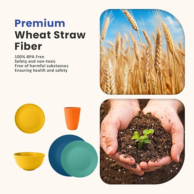Homienly 40-Piece Premium Wheat Straw Dinnerware Sets, Service for 8, Unbreakable Plates and Bowls Set - Cups Sets, Dinner Plates, Bowls for Kitchen,Dishwasher and Microwave Safe Dishes Set - Multi