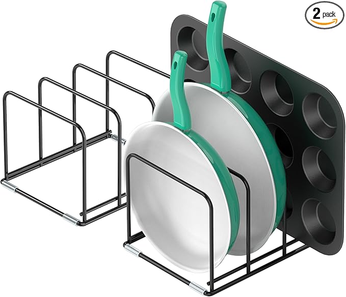 Kitchen Cabinet Organizer, 2PSC Steel Cookware Holder, Divided Holder with 3 Slots for Skillets Baking Tray and Chopping Board Rack - Pan Holder Storage (2.2 Inch Width Slots)