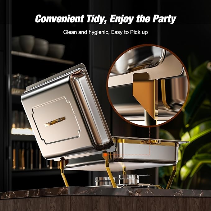 Gold Chafing Dishes for Buffet (9QT, 4 Pack) - Easy Assembly, Food-Grade Stainless Steel Chafers for Catering w/Rolled Edge Design, Foldable Frame, for Party, Banquet (Full Size Food Pan)