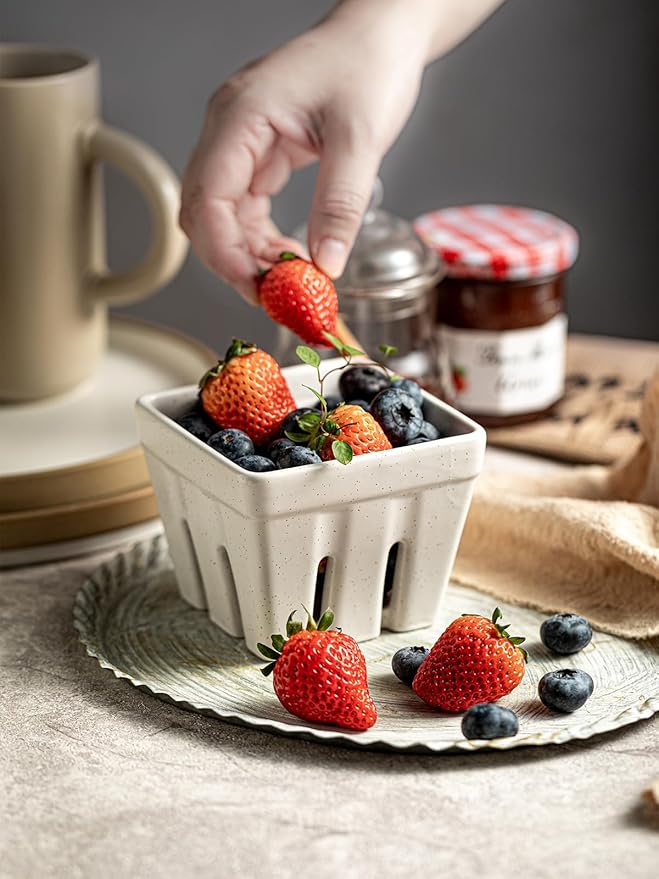 Gomakren Ceramic Berry Basket Set of 2, Square Fruit Bowls with Holes, Rustic Fruit Basket Containers for Kitchen, Berries, Strawberry, Grape, Cherry - Cream White