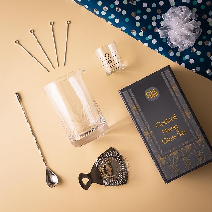 Cork & Mill Cocktail Mixing Glass, Old Fashioned Kit, Large 24 oz Crystal Cocktail Mixer for Bartenders, 9-Piece Home Bar Accessories Set for Manhattans and Other Whiskey Drinks