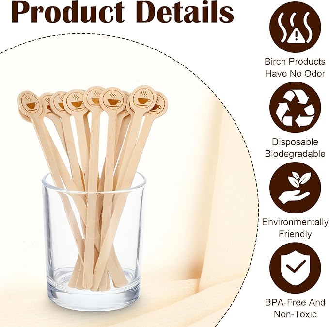 200 Pcs Coffee Stir Stirrers, 5.9 Inch Natural Wooden Coffee Mixer Stick With Round Ends Swizzle Drink Sticks Disposable Stir Sticks for Coffee Cocktails Milk Tea Honey Hot Chocolate