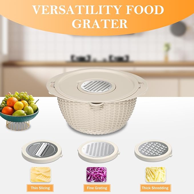 4-1 Colander with Bowl Set, Food Strainers and Colanders, Fruit Washing Bowl with Strainer, Rotatable Colander for Kitchen, Aesthetic Kitchen Gadget - Beige