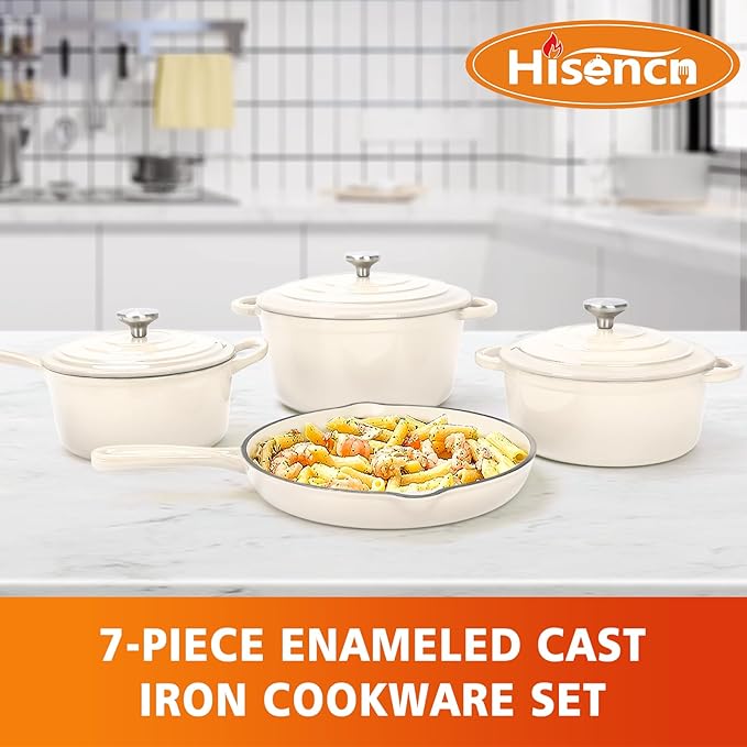 Hisencn Enameled Cast Iron Cookware Set - 7-Piece Ceramic Coated Cast Iron Cookware Set, Dutch Ovens, Sauce Pan, Skillet, 3 Lids, Heavy Duty Cookware, Gas/Induction Compatible, PFA Free, Cream White