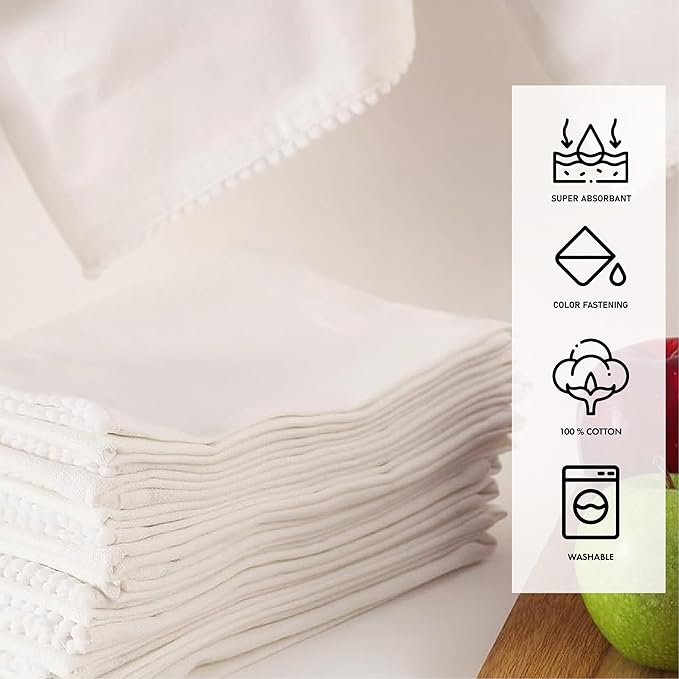 Kitchen Towels 100% Cotton Solid Kitchen Dish Cloths, Valentine Decor Hand Towel Reusuable Dish Towel for Cleaning & Drying Tea Towels Set with Hanging Loop - 18"x 28", Pack of 6 - White