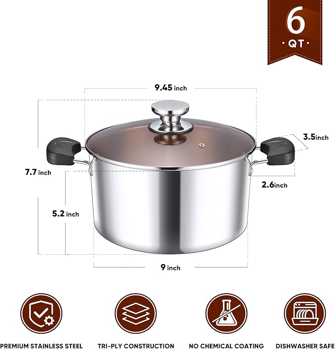 E-far 6-Qt Stainless Steel Stock Pot, Triply Stockpot with Lid for Cooking Simmering Soup Stew, Heavy Duty Cookware Works w/Induction, Non-toxic & Corrosion Resistant, Dishwasher Safe