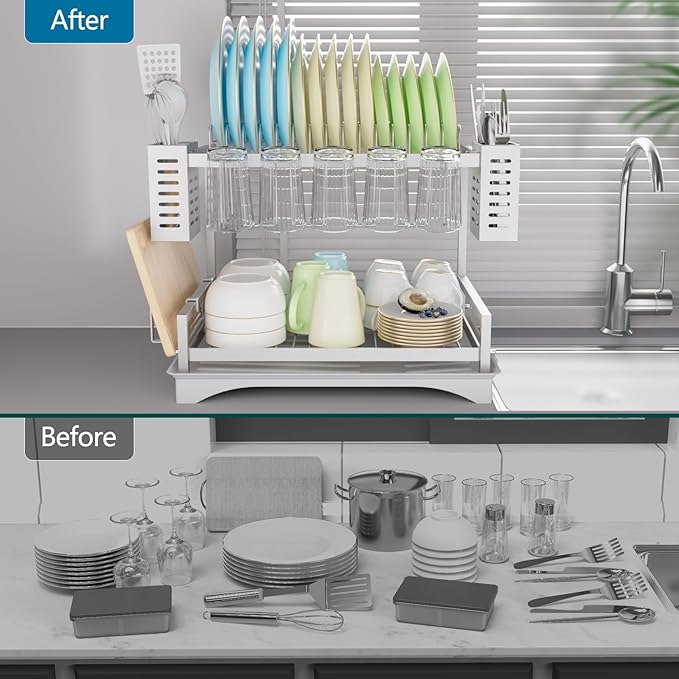 B-Land Dish Drying Rack: 2 Tier Dish Racks for Kitchen Counter - Large Rust Proof Dish Drying Rack with Aluminum - Detachable Dish Drainer Organizer with Utensil Holders Drainboard Silver