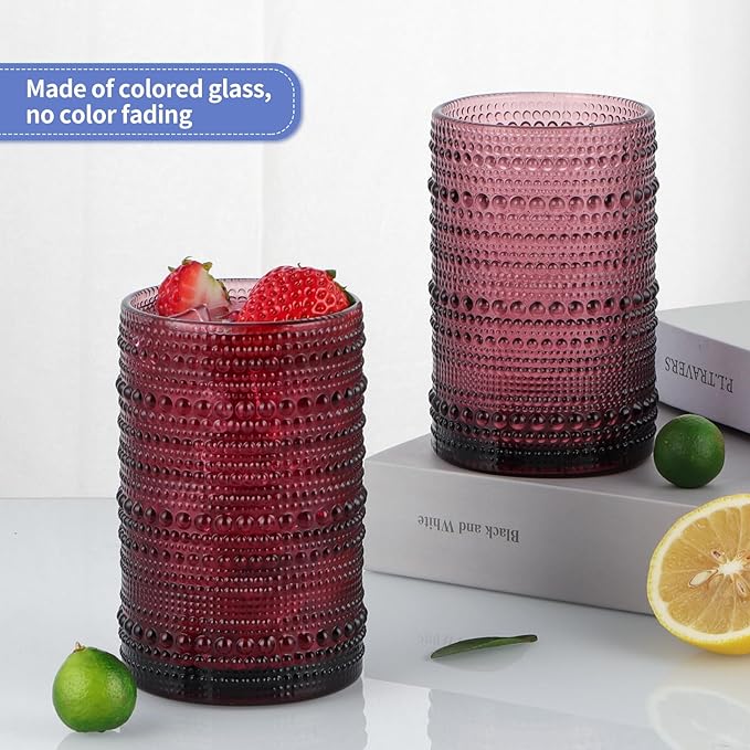 MOLIGOU 6 Pcs Embossed Drinking Glasses, 15oz Vintage Highball Glasses, Beaded Glass Drinking Cups (Purple)