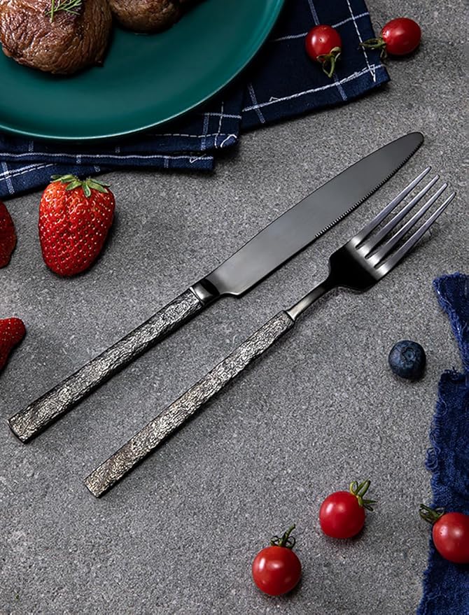 Black Silverware Set for 8 Modern Square Flatware Set Stainless Steel 32 Piece Cutlery Utensils Sets for Home Kitchen Restaurant Mirror Polished