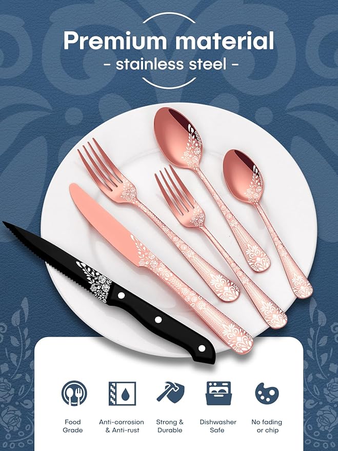 EUIRIO 24 Pieces Copper Silverware Set with Steak Knives, Rose Gold Silverware Flatware Set for 4, Stainless Steel Spoons Forks Knives Set, Mirror Cutlery with Unique Floral Laser, Dishwasher Safe