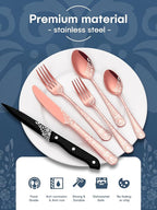 EUIRIO 24 Pieces Copper Silverware Set with Steak Knives, Rose Gold Silverware Flatware Set for 4, Stainless Steel Spoons Forks Knives Set, Mirror Cutlery with Unique Floral Laser, Dishwasher Safe