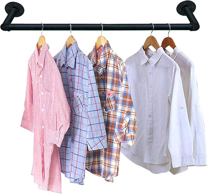 TLBTEK 20 inch Industrial Pipe Clothes Rack,Black Iron Bathroom Kitchen Towel Bar,Vintage Farmhouse DIY Wall Mounted Pot Bar Rack, Detachable Kitchen Utensils Hanger with 8 pcs S Hooks