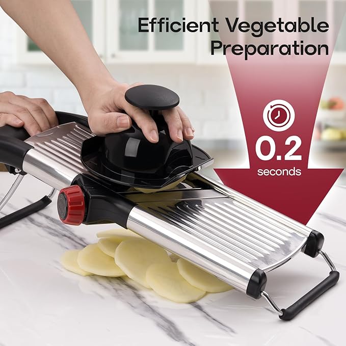 X Home Adjustable Mandoline Slicer for Kitchen, Stainless Steel Food Slicer, Vegetable Slicer for Cucumber, Potato, Carrot, Onion, Cleaning Brush & Food Pusher Included, Easy to Use & Clean