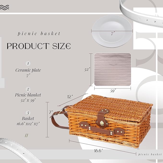 Picnic Basket Set for 4 with Waterproof Blanket Mat Insulation Bag Wicker Floral Brown Classic Fresh for Wedding Birthday Summer Camp Outdoor Camping Beach Travel Christmas