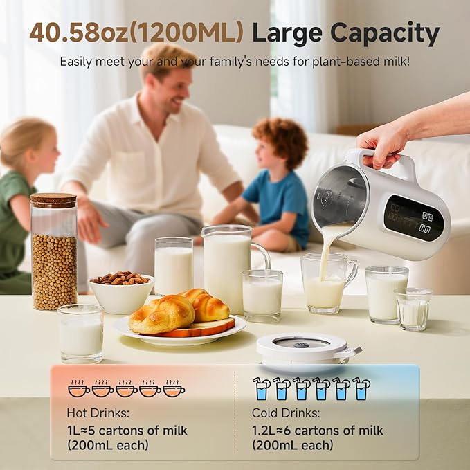 40oz Nut Milk Maker Machine, 10 in 1 Nut Milk Maker for Homemade Almond Milk, Soy Milk, Oatmeal, and Non-Dairy Beverages, Soy Milk Maker with 10 Blades, Delay Start, Keep Warm, Auto-clean, Boiling