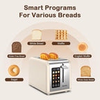 Mecity 2 Slice Touch Screen Toaster, 1.5" Wide Slot, Stainless Steel Smart Toaster for Bagels, Muffins, Waffles, Gluten-Free Breads, Defrost, Reheat, Timer, 120V 825W, Cream Color