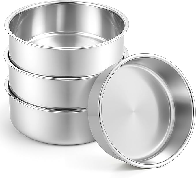 Leonyo 8Inch Round Cake Pans 4 Pack, Stainless Steel Circle Layer Cake Baking Pans Set, Metal Round Baking Tins for Wedding Party, Dishwasher Oven Safe