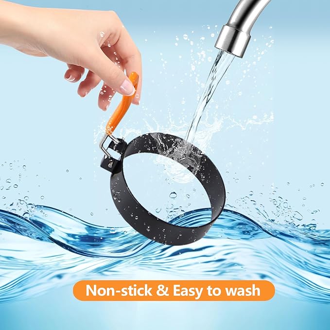 6 Pcs Professional Egg Ring Set, Non-stick Griddle Omelette Ring, Pancake Molds with Oil Brush,Stainless Fried Egg Molds with Orange Anti-scald Silicone Handle