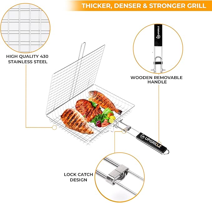 Fish Grill Baskets for Outdoor Grill Vegetables, Fish Grilling rack for Grill, BBQ Grilling Basket, Stainless steel Grill Basket for Veggies, shrimp Includes 5 Steel Skewers, Silicon Brush, and Carry Bag