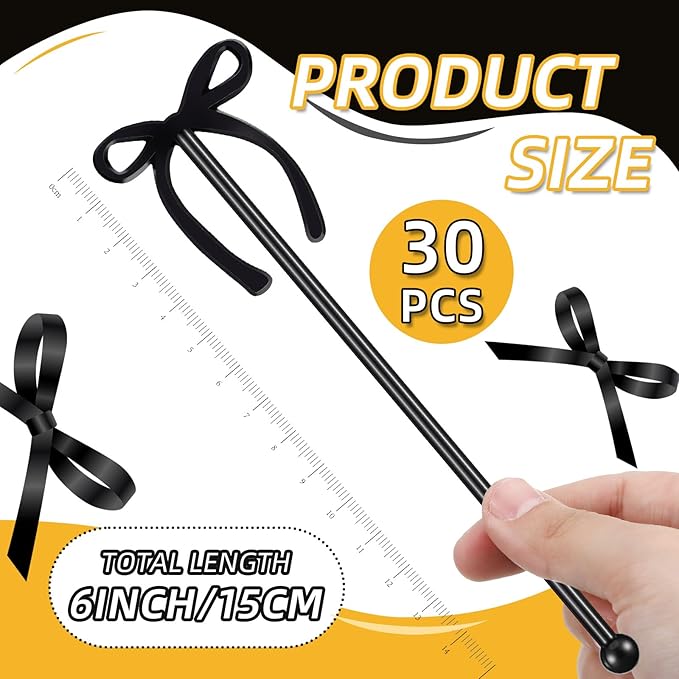 30 Pcs 6 Inch Bow Drink Stirrers, Bow Stir Sticks Coffee Stirrers Reusable Plastic Swizzle Sticks for Wedding Birthday Bridal Cocktail Decorations Supplies(Black)