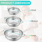 3-Piece Stainless Steel Colander Set with Handles - 5Qt/3Qt/1Qt Nesting Strainers for Pasta, Veggies, Fruit Drainage, Durable Micro-Hole Mesh for Fast Water Flow