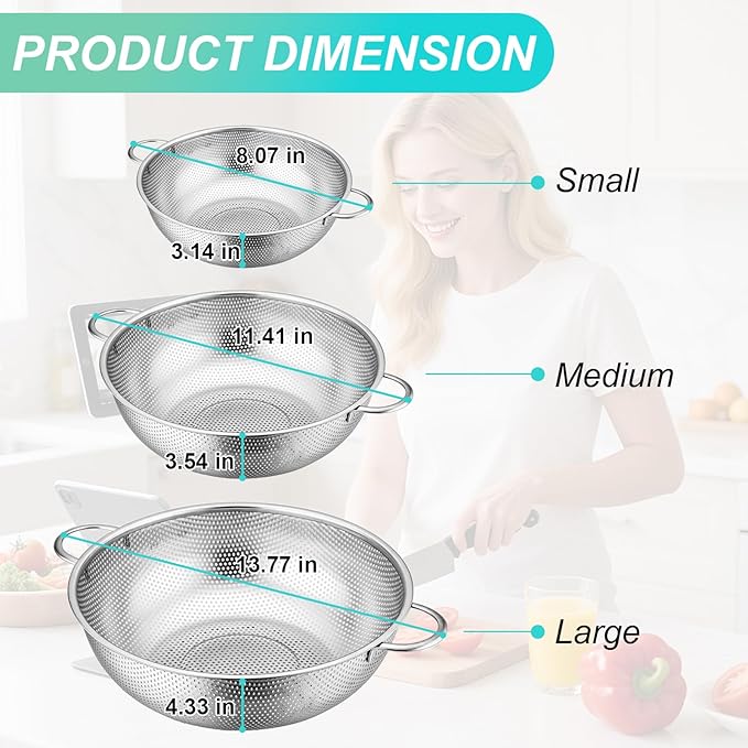 3-Piece Stainless Steel Colander Set with Handles - 5Qt/3Qt/1Qt Nesting Strainers for Pasta, Veggies, Fruit Drainage, Durable Micro-Hole Mesh for Fast Water Flow