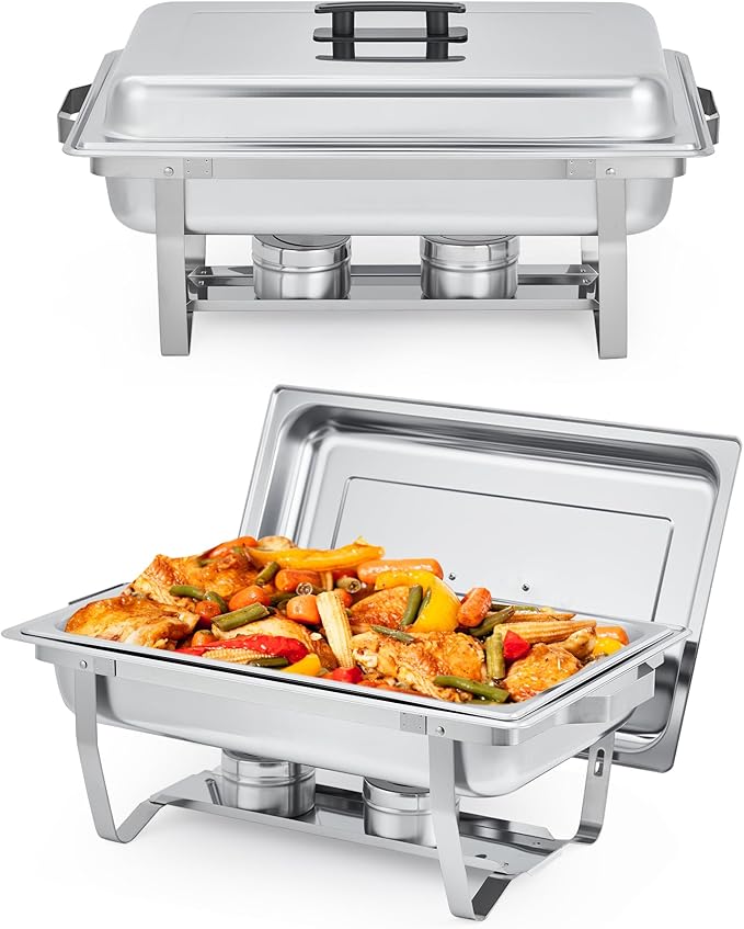 Garvee Chafing Dishes for Buffet Set of 2, 8QT Buffet Servers and Warmers Set with Lid & Foldable Frame, Rectangular Stainless Steel Chafer Food Warmer for Parties Wedding Catering Supplies, Silver