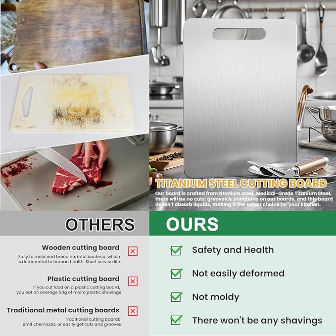 2 Pack Titanium Cutting Boards for Kitchen,100% Pure Titanium, Cutting Edge Hygiene & Durability, Double-sided food-grade Cutting Board For Meats Fruist And Vegetables,Easy to Clean (15 * 11)